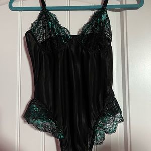 Black Bodysuit with Green Flowered Lace